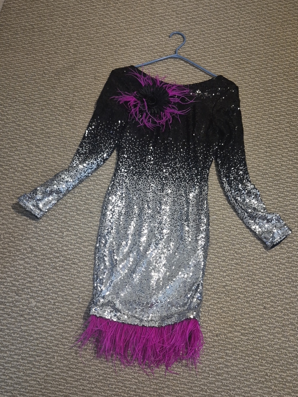 Sequin Ombre Black to Silver Dress with Purple Feather Trim - Backless Dress